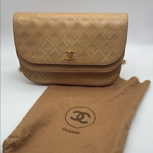 CHANEL HALF MOON BIEGE DOUBLE FLAP QUILTED CC GOLD HW LAMBSKIN SHOULDER BAG
